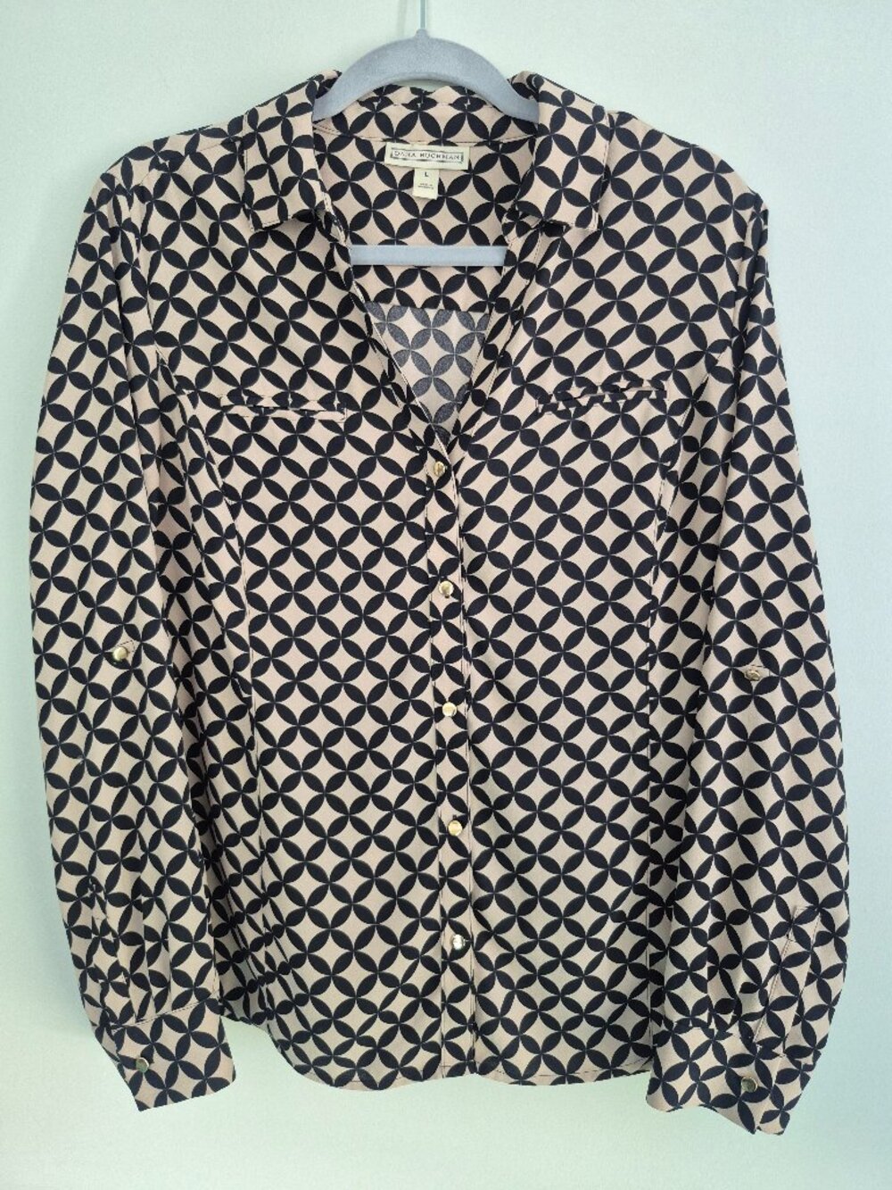 Dana Buchman Georgous Geometric Gold Button‑Front Blouse - Size L